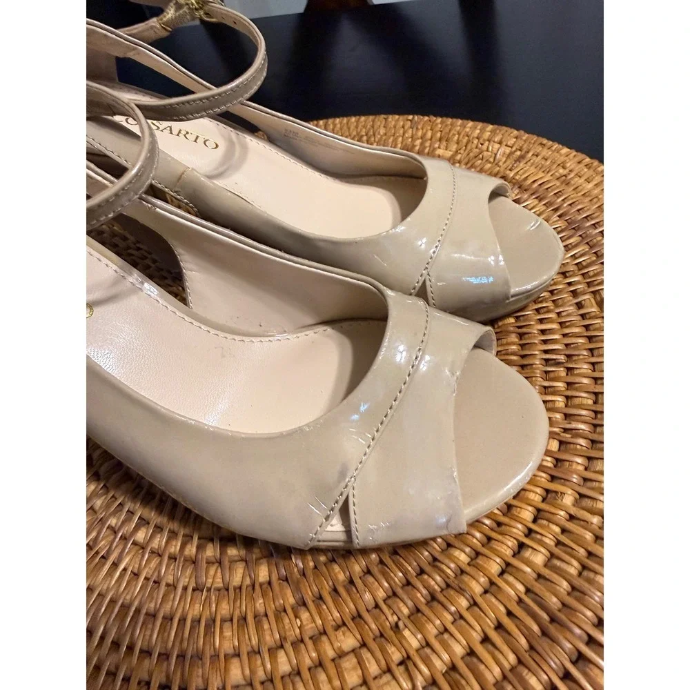 Franco Sarto Nude Patent Peep Toe Platform Heels Ankle Strap Pumps Size 8.5M